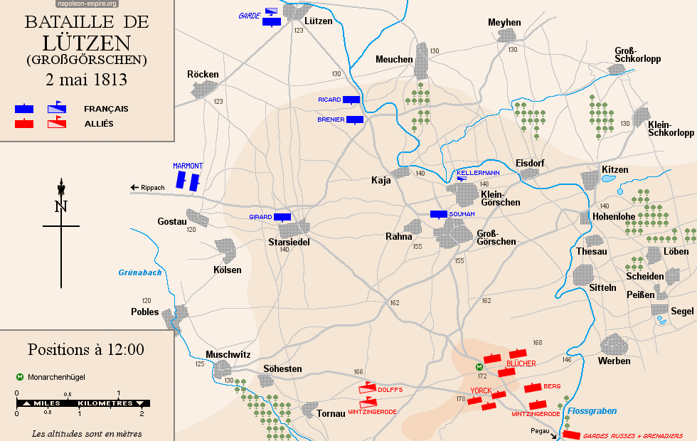 Plan de la bataille de Lützen  - Positions vers midi