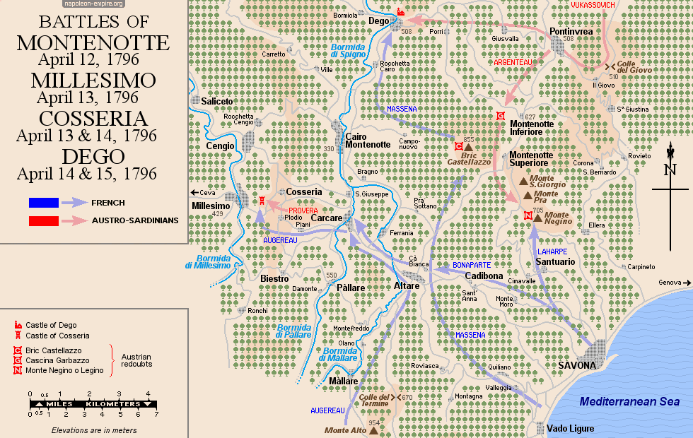 Napoleonic battles - Map of the Battles of Montenotte, Millesimo, Cosseria and Dego in Liguria