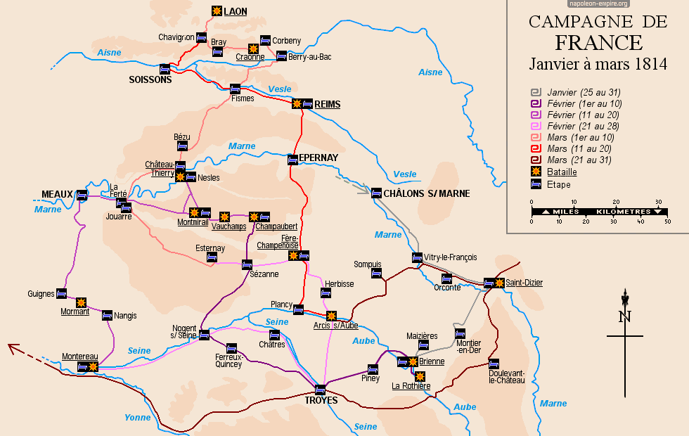 Batailles napoléoniennes - Carte de la campagne de France de 1814