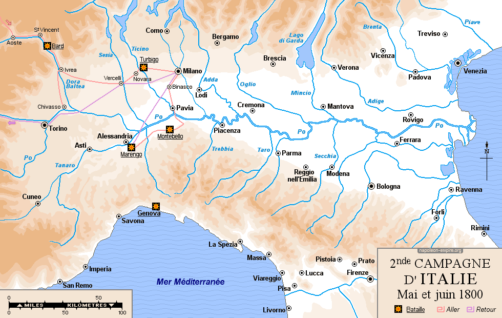 Batailles napoléoniennes - Carte de la seconde campagne d'Italie (1800)