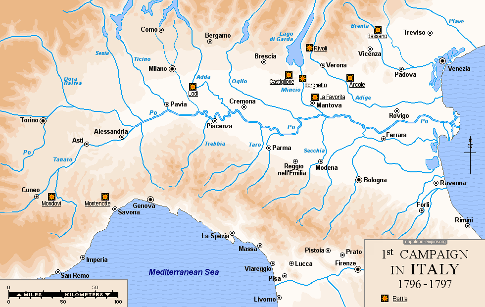 Napoleonic wars - Map of General Napoleon Bonaparte's First campaign in Italy, in Liguria, Piedmont, Lombardy, Emilia-Romagna, Tuscany, Marche, Veneto, Trentino-Alto Adige, and Friuli
