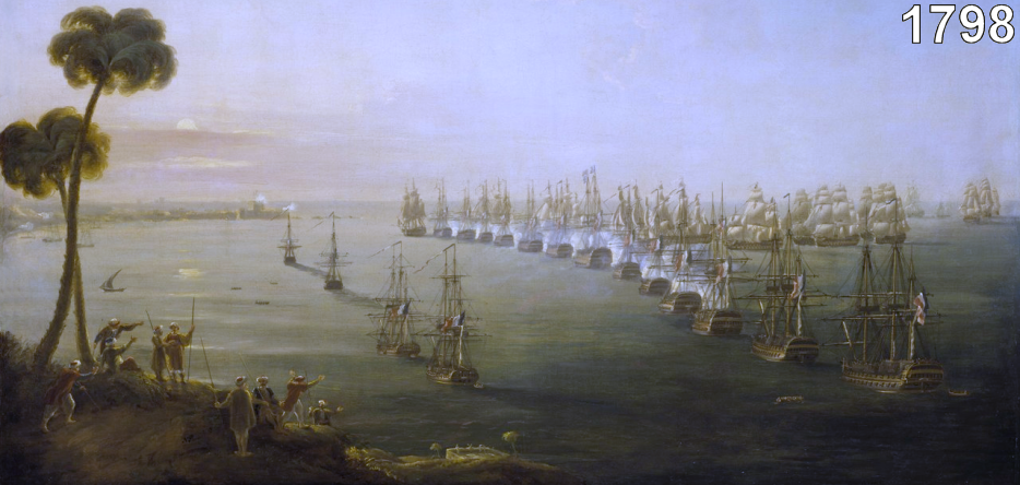 Bataille navale d'Aboukir Peinture montrant l'attaque de la flotte française par la flotte britannique.