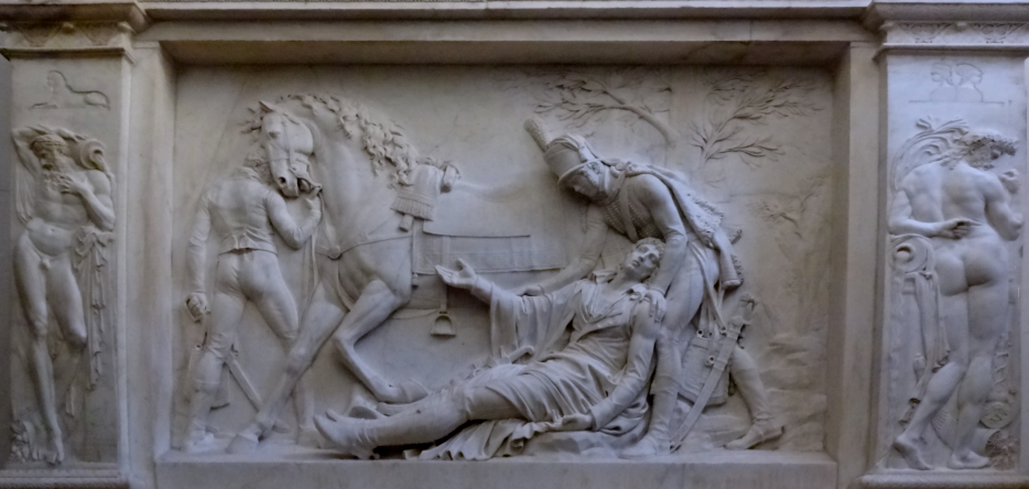 Haut-relief en marbre du monument funéraire au général Desaix dans l'hospice du Grand-Saint-Bernard, sculpté en 1806 par Jean-Guillaume Moitte