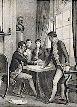 Gravure représentant la signature du traité de Valençay Gravure représentant la signature du traité de Valençay