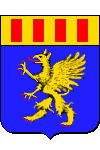 Arms of Didier Grau: d'azur au griffon d'or, armé et lampassé de gueules&nbsp;; au chef d'or, chargé de quatre billettes de gueules