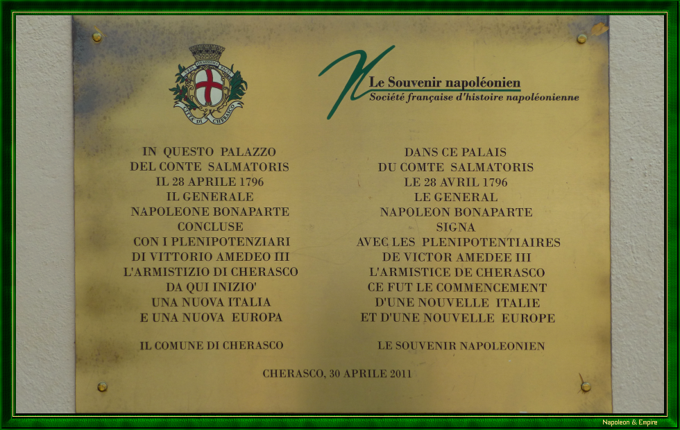Commemorative plaque at Salmatoris Palace in Cherasco