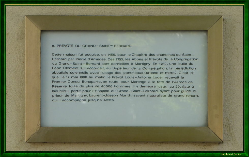 Plaque au couvent des Bernardins à Martigny
