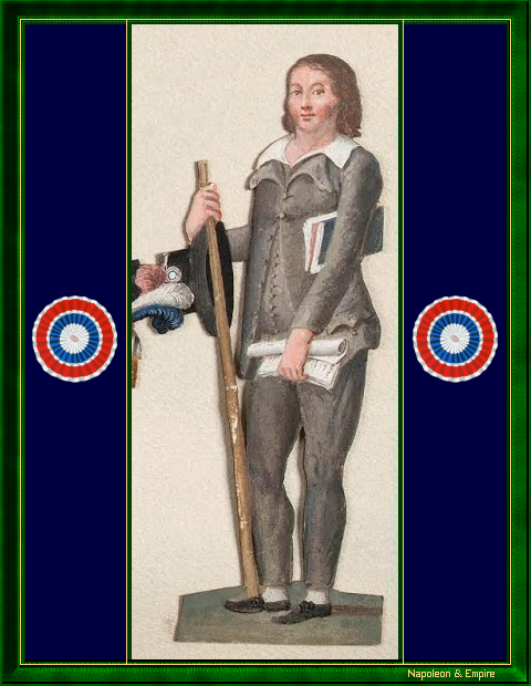« Le Député Granet toujours en carmagnole de toile grise, son grand baton et tenant son chapeau ainsi ». Gouache de Jean-Baptiste Lesueur peinte entre 1792 et 1798