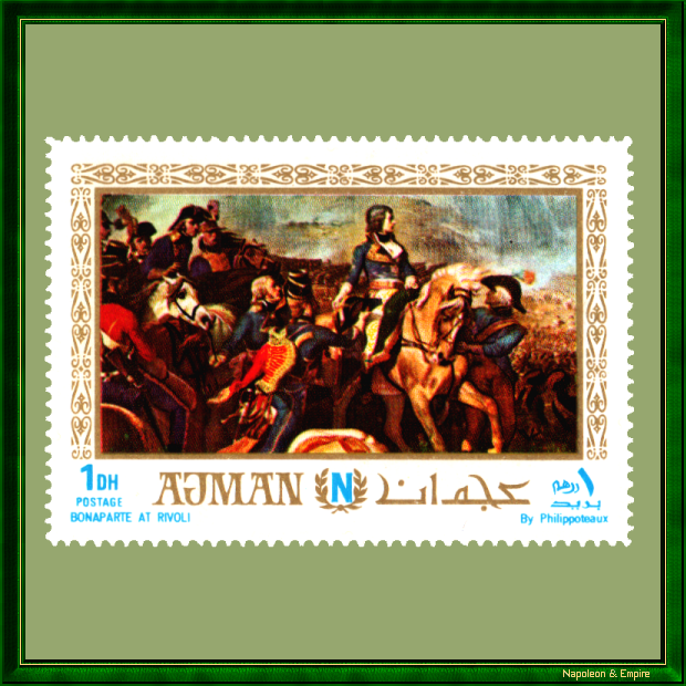 Stamp from the Emirate of Ajman depicting General Bonaparte at the Battle of Rivoli