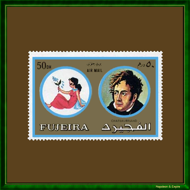Postage stamp of Fujeira with the effigy of François-René de Chateaubriand