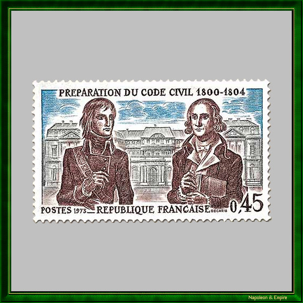 Timbre français de 45 centimes représentant Bonaparte et Portalis